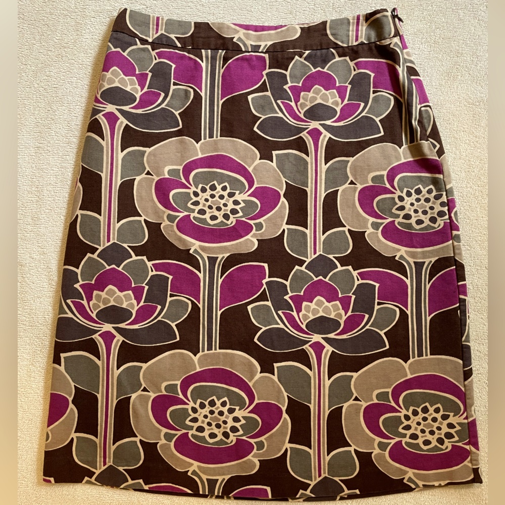 Boden Womens Skirt Size 6L Brown Purple Gray Retro Floral Print Mod Pencil Boho